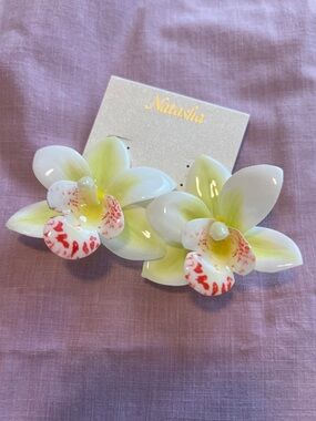 Natasha Couture White & Yellow Orchid Earrings with Red Detail